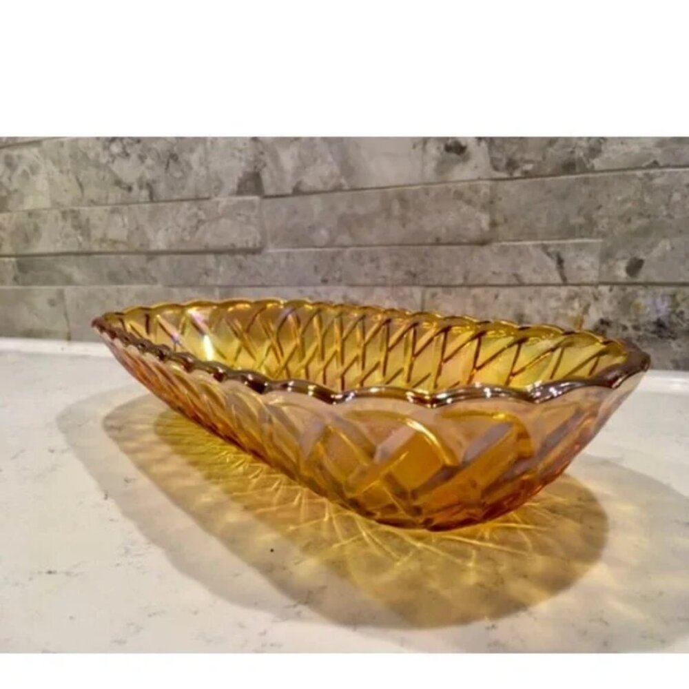 1970s "Indiana Glass Co" Iridescent Oval Basketweave Carnival Glass